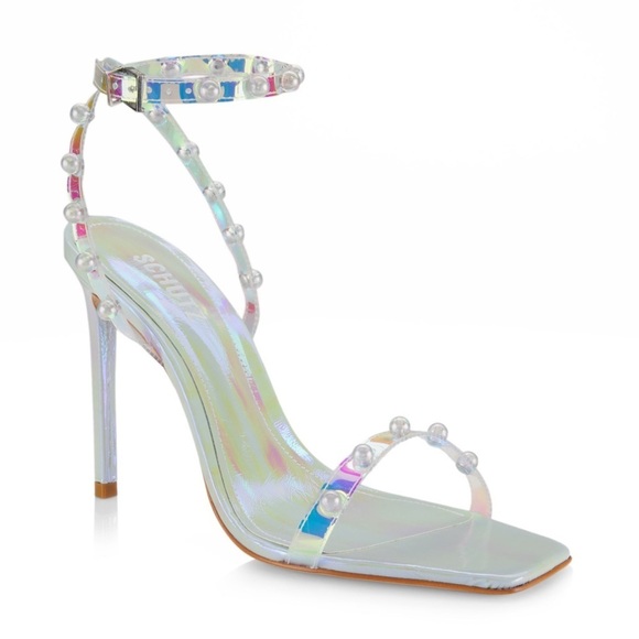 Schutz Pietra Faux Pearl-Embellished Iridescent Vinyl Sandals Size 11 - Picture 1 of 13